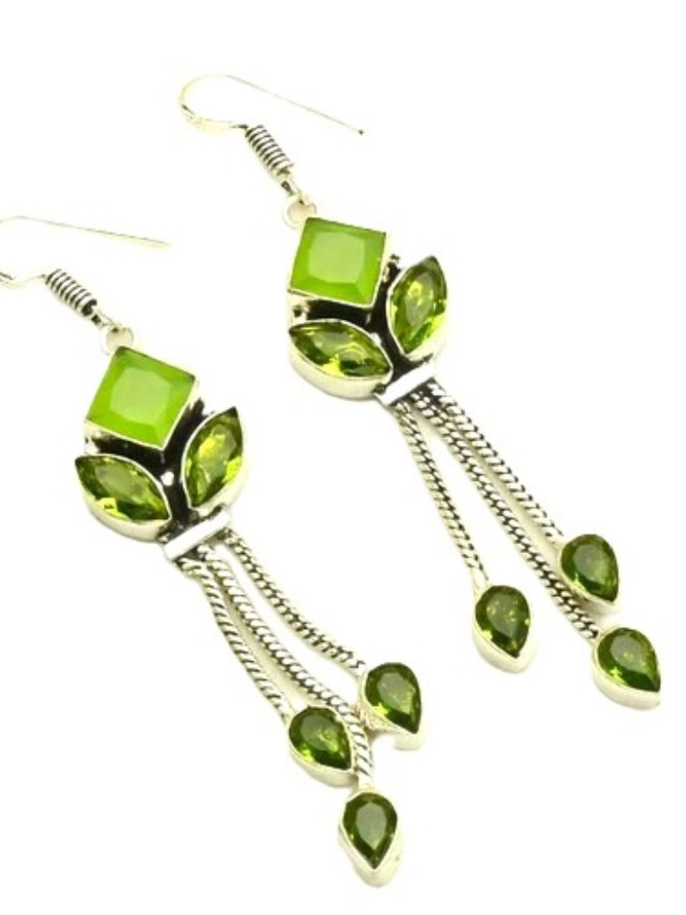 Green Chalcedony Peridot Gemstone Sterling Silver Drop Dangle Earrings